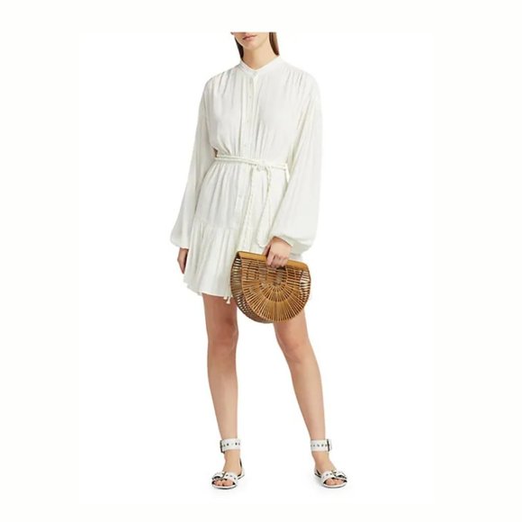 A.L.C. Blouson Long Sleeve Mini Dress White Button Up String Belt Flounce Hem - Picture 10 of 11